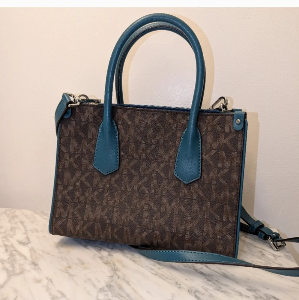 Michael Kors Brown Satchel with Teal and Light Blue Trim